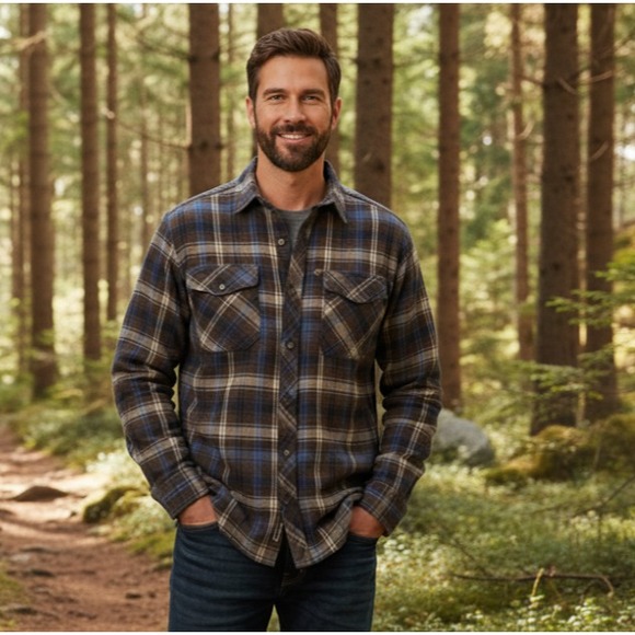 PrAna Asylum Flannel Shirt Large Mens Jacket Shacket Thermal Lined Plaid Raisin - Picture 1 of 11